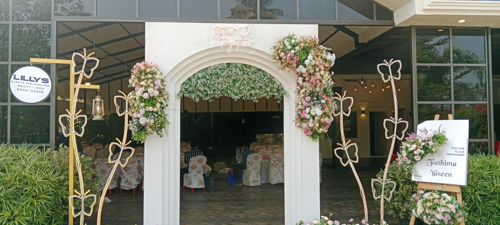 Engagement welcome arch at the entrance of the venue