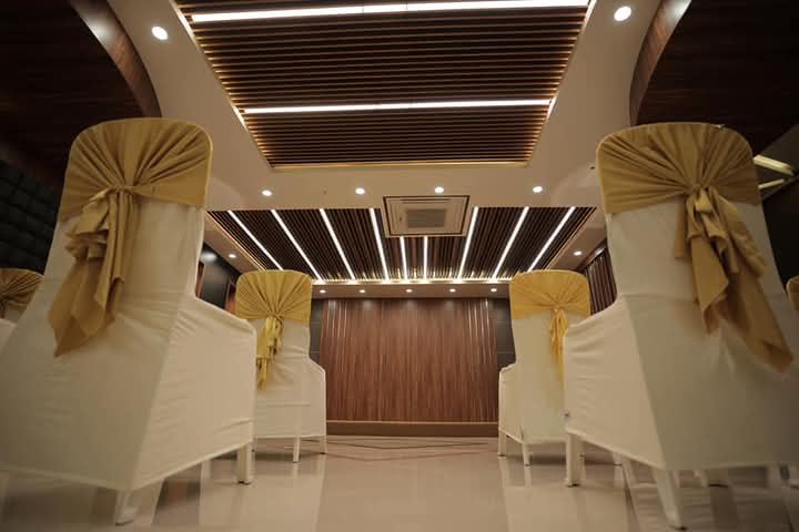 Banquet hall stage and entrance area prepared for an event