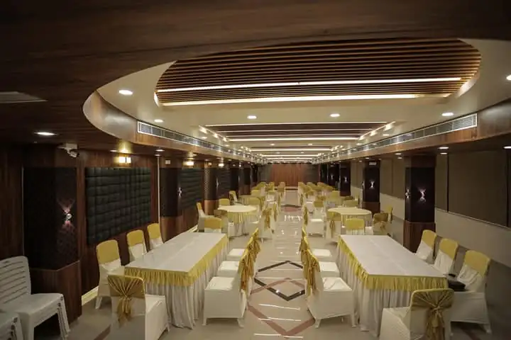 Decorated banquet hall prepared for a wedding celebration